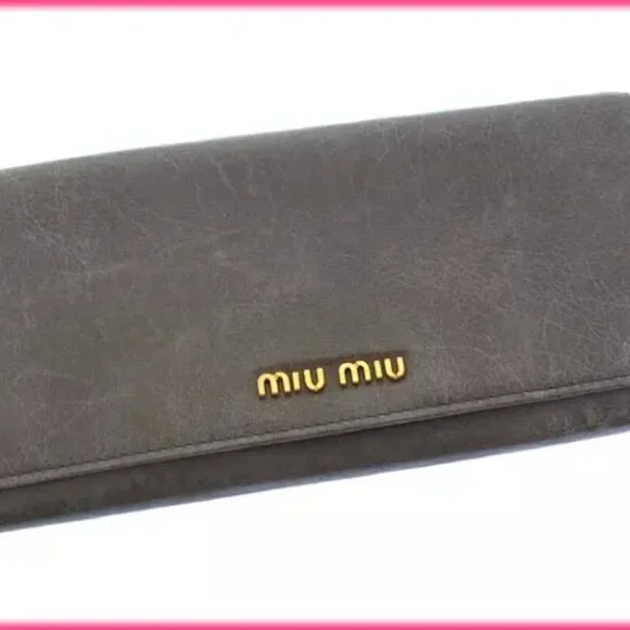 miumiu Wallet Purse Long Wallet Logo Grey Gold Woman Authentic Used